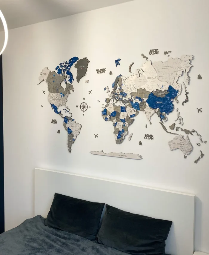 Engraved 3D Wooden World Map Home Wall Ornament