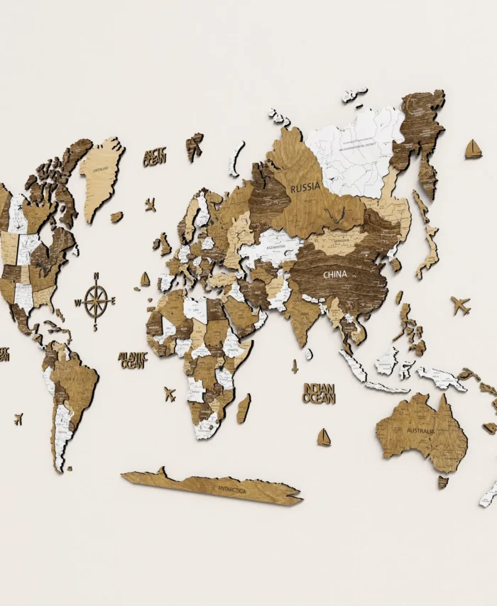 Layered 3D Wooden World Map Push Pin Wall Panel