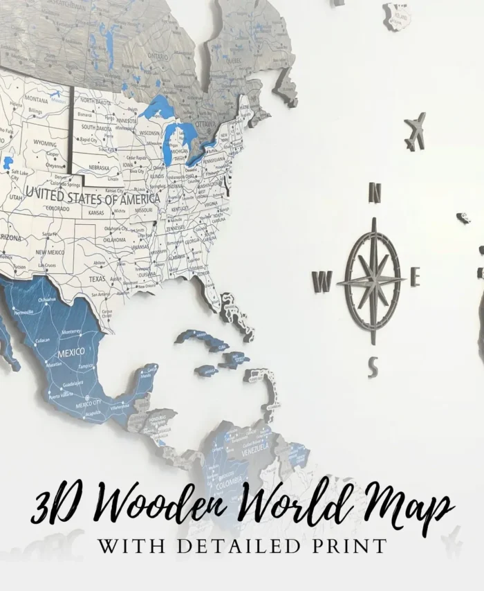 Blue Tone Wooden World Map Push Pin Wall Artwork
