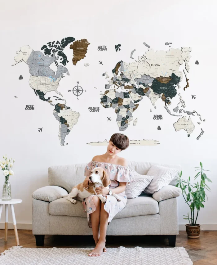 Floating 3D Wooden World Map Modern Office Wall Decor